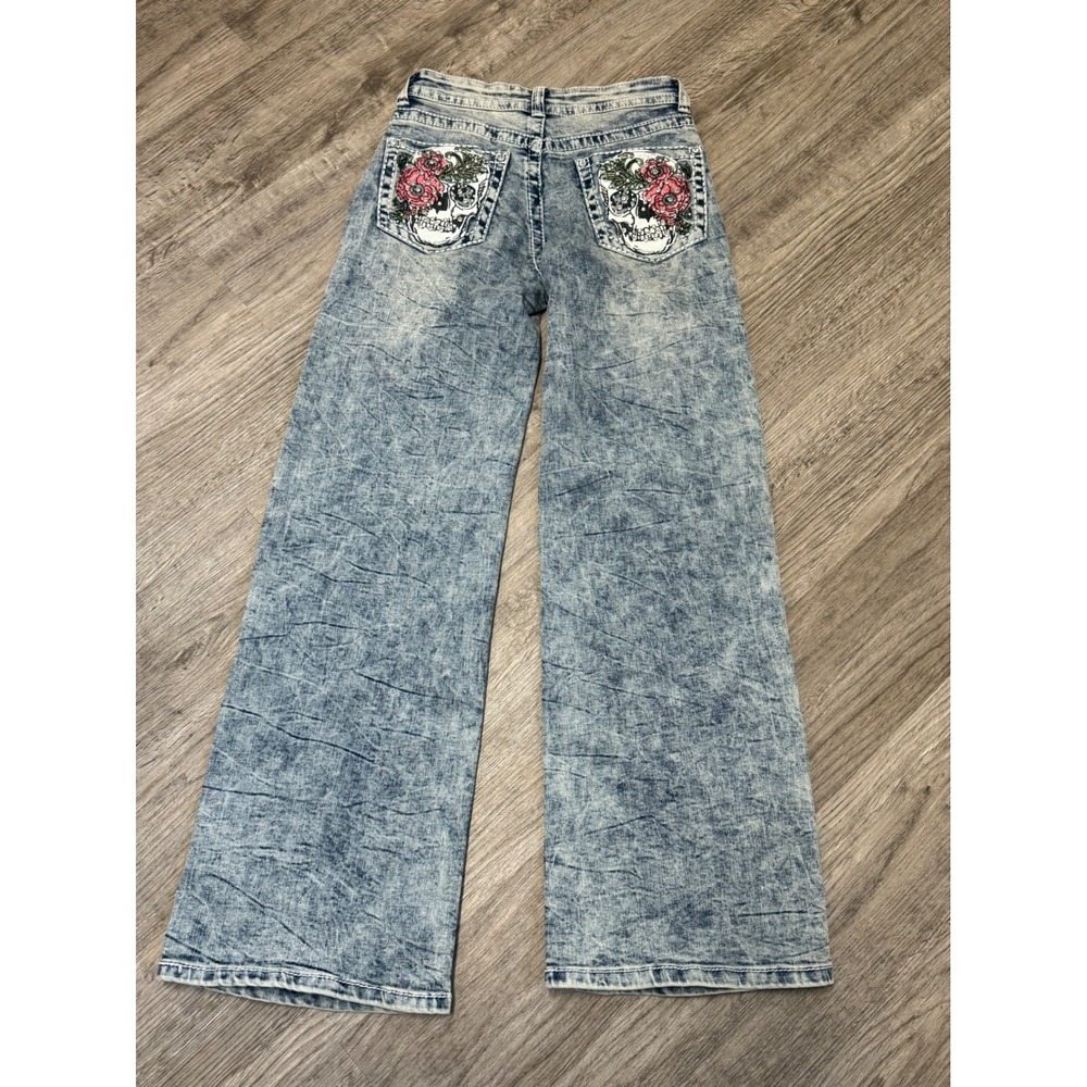 Telepatia‎ Acid Wash Wide Leg Jeans Skull Floral Embroidery Rhinestone Size 3/26